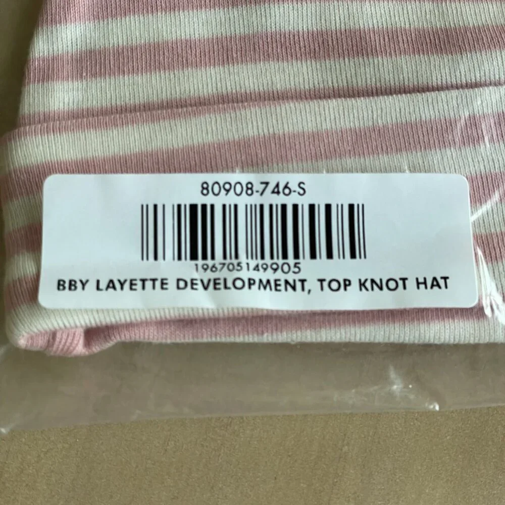 NEW Hanna Andersson Baby Layette Top Knot Beanie Hat, Ecru/Blush Pink - Sz Small